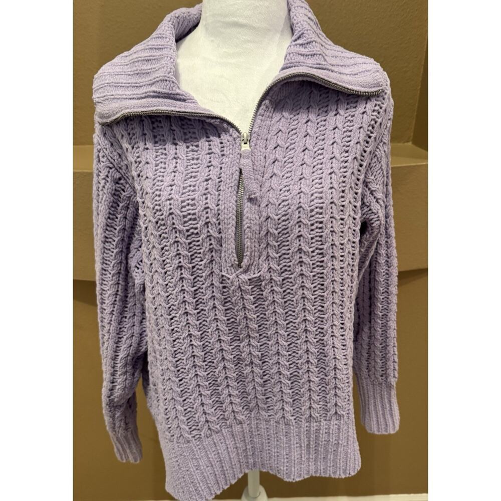 Aerie Cable Car Quarter Zip Sweater Chenille Long Sleeve Purple Cozy Size XS